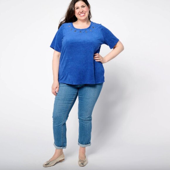 Denim & Co. Beach Knit Terry Short-Sleeve Top , Blue Sz XXS a650453 - Picture 2 of 6